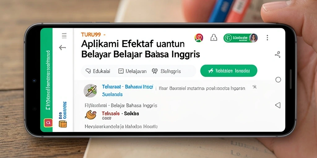 Antarmuka aplikasi TURU99 untuk pembelajaran bahasa Inggris yang interaktif.