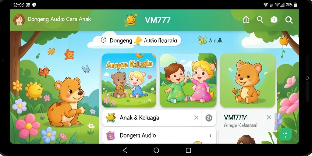Antarmuka pengguna aplikasi Dongeng Audio VM777 yang ramah anak.